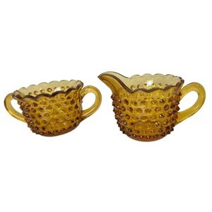 70s LE Smith Hobnail Yellow Gold Glass Sugar and Creamer Set Scalloped